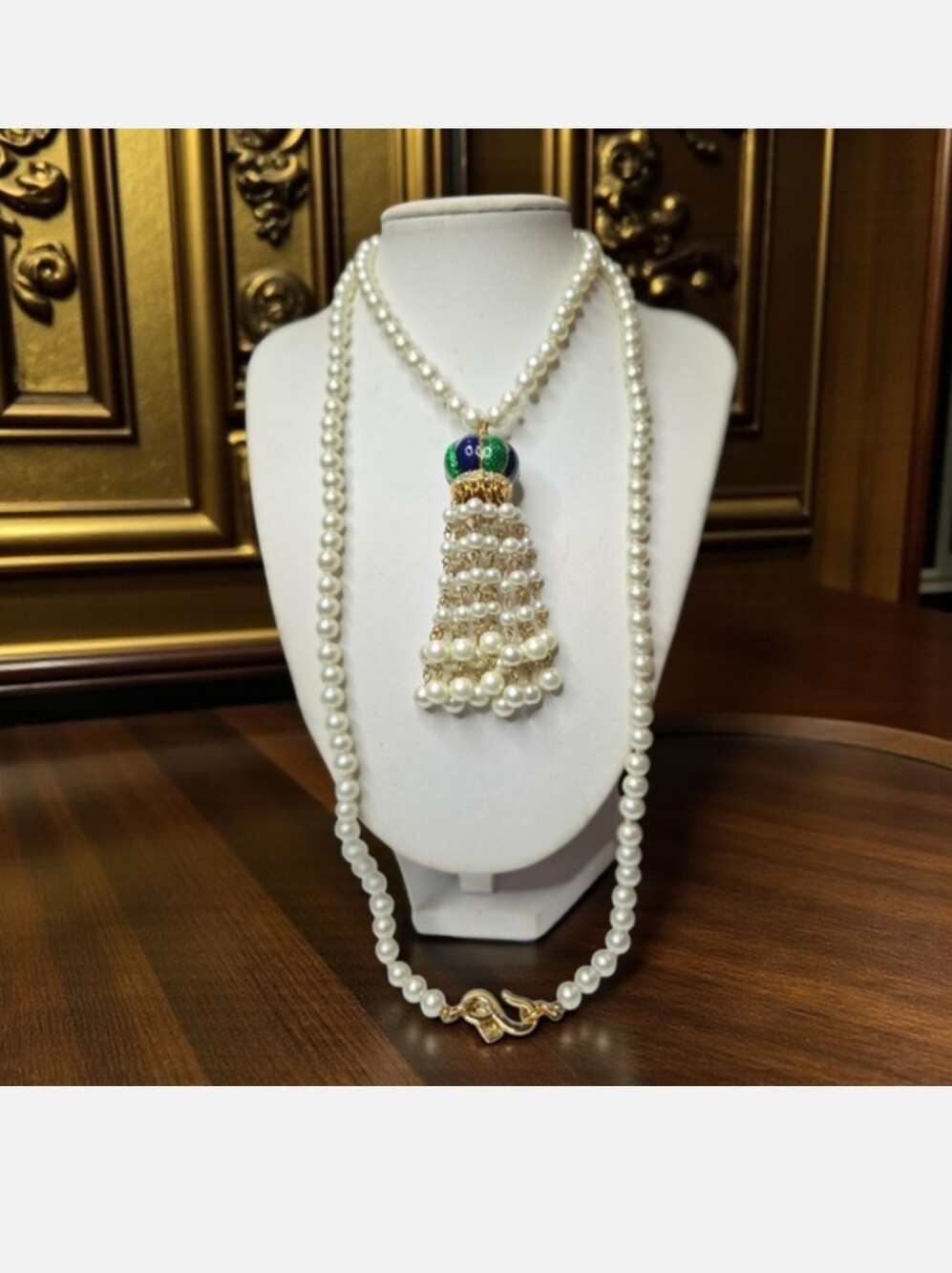 Kenneth Lane Pearl Sapphire Emerald Enamel Pearl Tassle Necklace